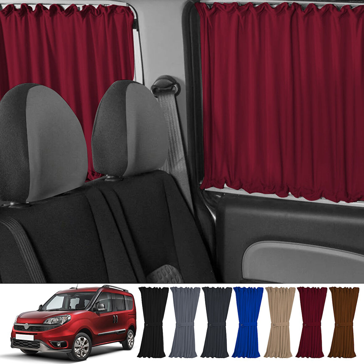 Fiat Doblo Iı Kısa Şase 2010-2023 Uyumlu Bordo Raylı Oto Perde Takımı