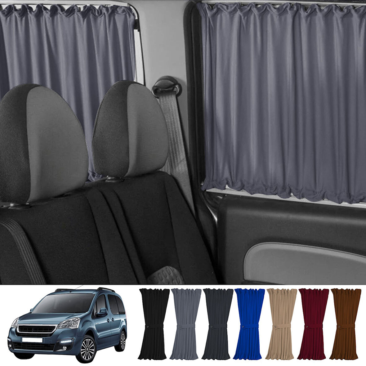 Peugeot Partner Tepee 2008-2018 Uyumlu Gri Raylı Oto Perde Takımı