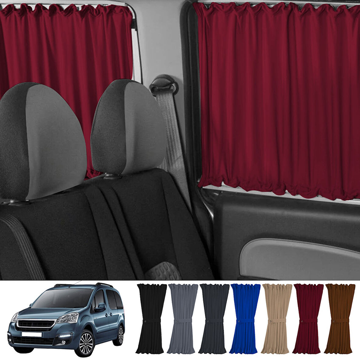 Peugeot Partner Tepee 2008-2018 Uyumlu Bordo Raylı Oto Perde Takımı