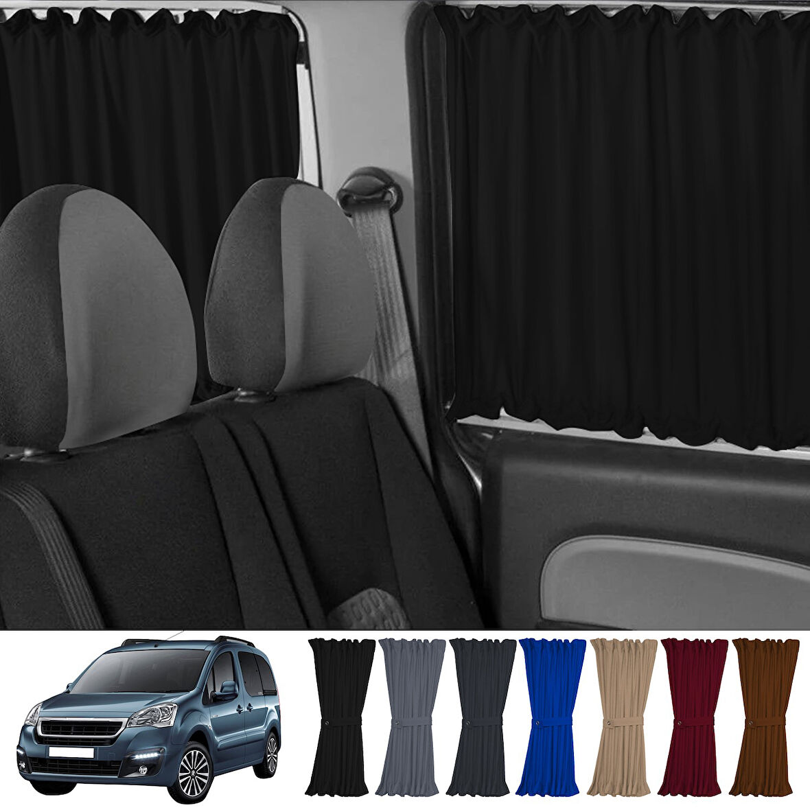 Peugeot Partner Tepee 2008-2018 Uyumlu Siyah Raylı Oto Perde Takımı