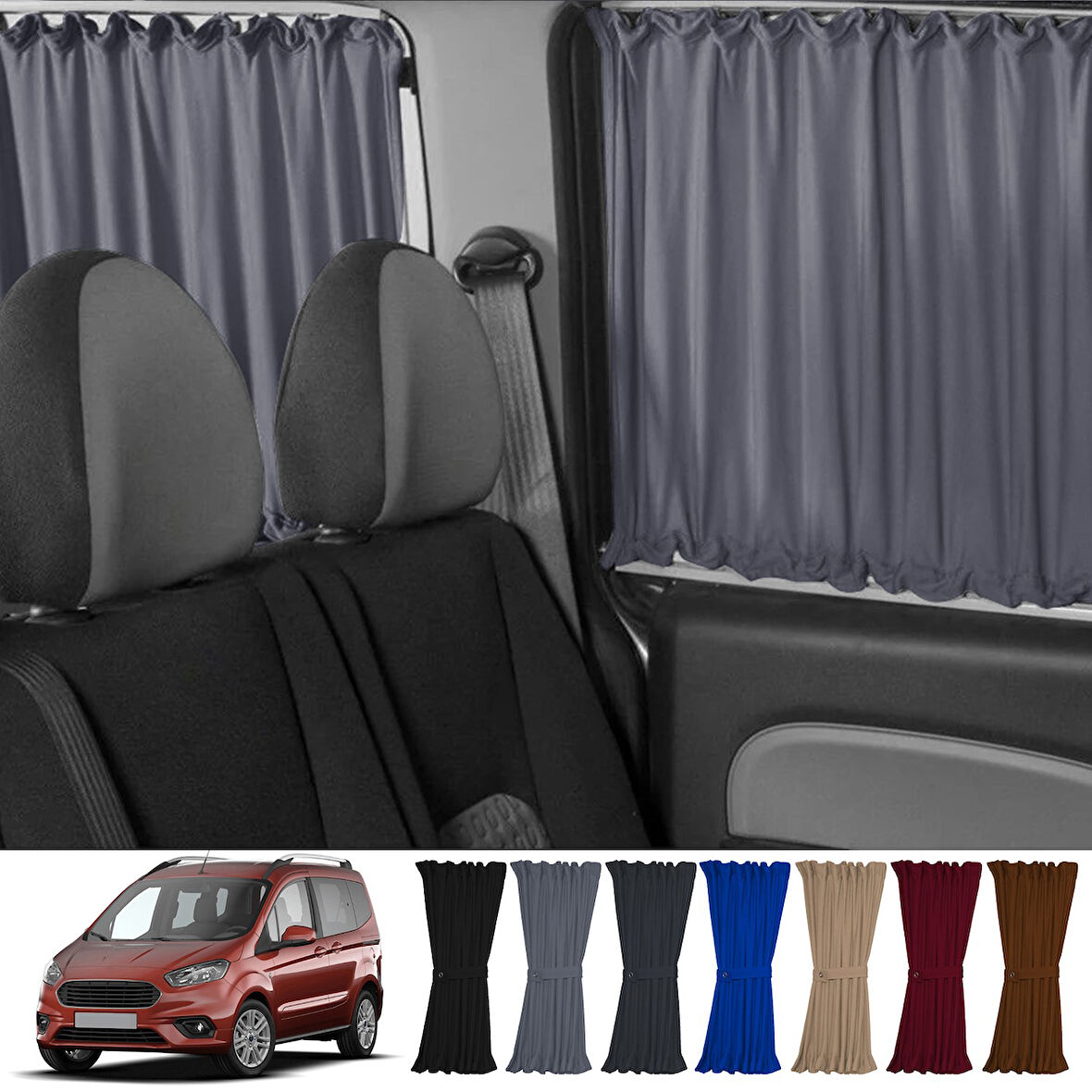 Ford Tourneo Courier 2014+ Uyumlu Gri Raylı Oto Perde Takımı