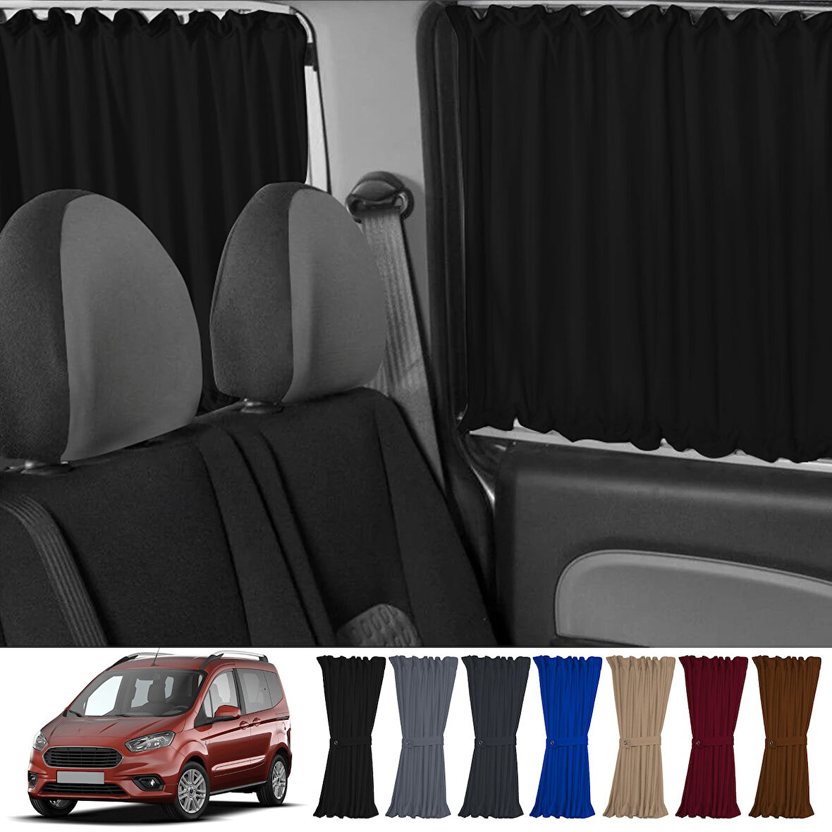 Ford Tourneo Courier 2014+ Uyumlu Siyah Raylı Oto Perde Takımı