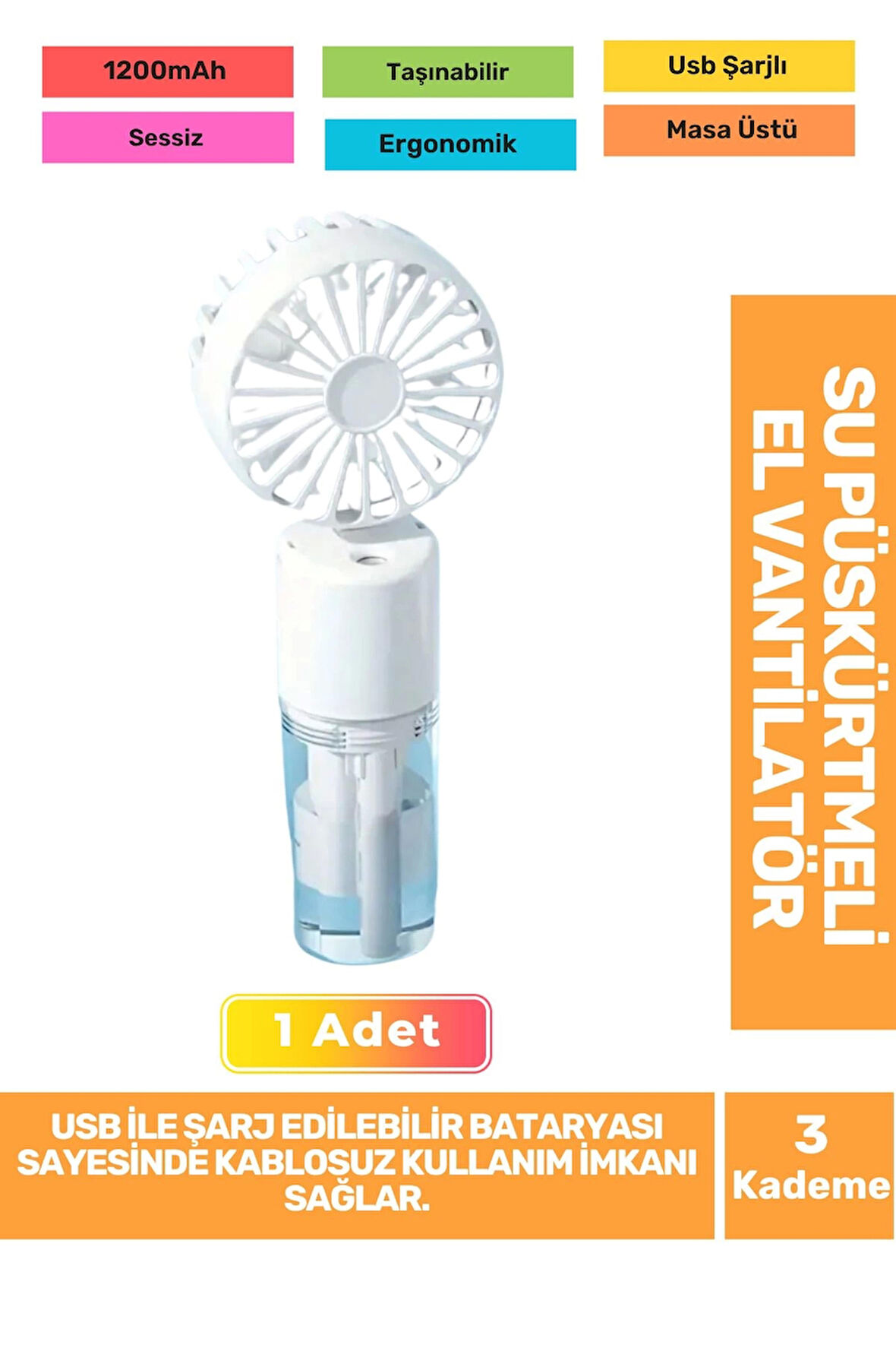 Su Püskürtmeli Ultra Sessiz 3 Kademeli Hafif Kablosuz Taşınabilir Usb Şarjlı Masa El Fanı Vantilatör
