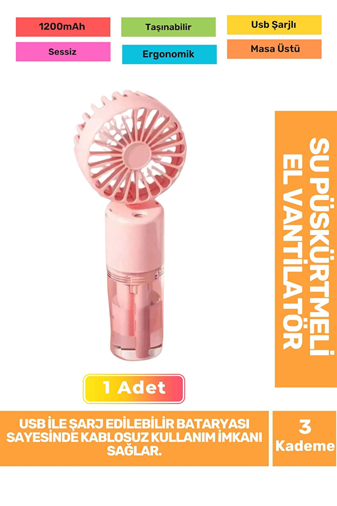 Su Püskürtmeli Ultra Sessiz 3 Kademeli Hafif Kablosuz Taşınabilir Usb Şarjlı Masa El Fanı Vantilatör