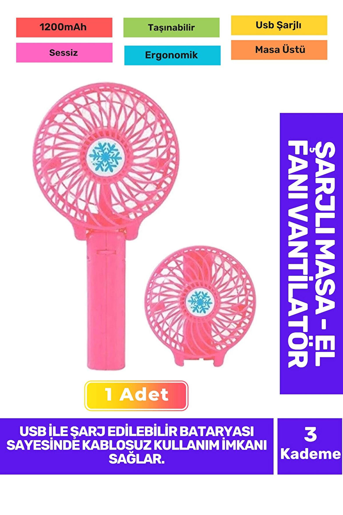 Ultra Sessiz 3 Kademeli Hafif Kablosuz 1200mAh Pervaneli Taşınabilir Usb ŞarjlMasa El Fan Vantilatör