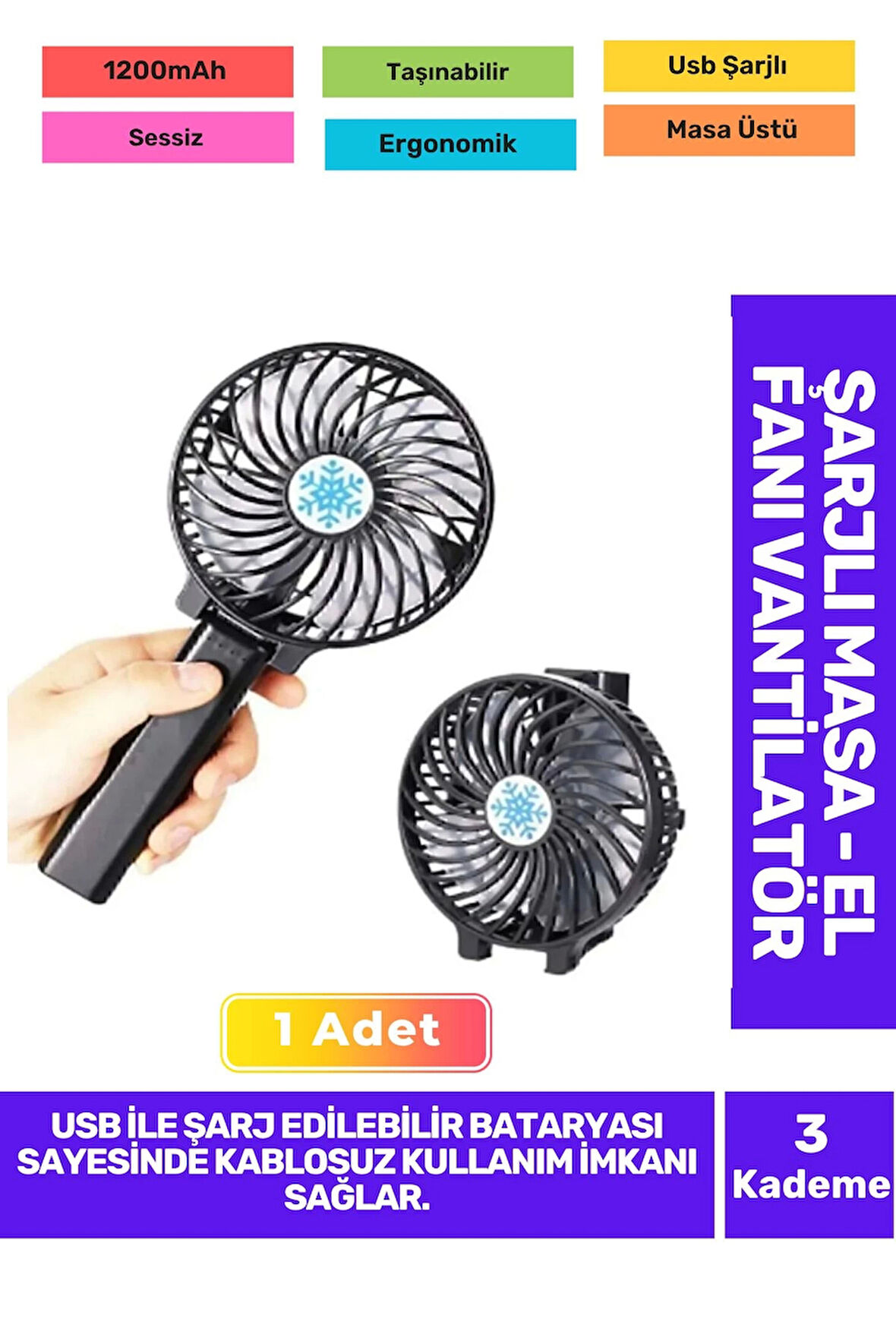 Ultra Sessiz 3 Kademeli Hafif Kablosuz 1200mAh Pervaneli Taşınabilir Usb ŞarjlMasa El Fan Vantilatör