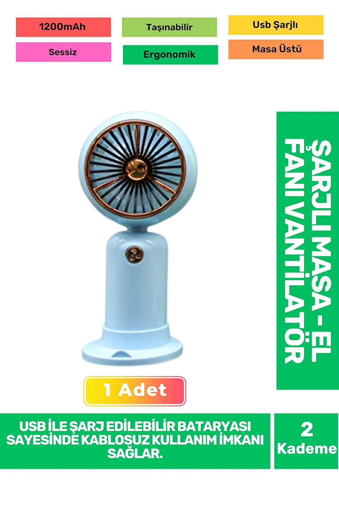 Ultra Sessiz 2 Kademeli Hafif Kablosuz 1200mAh Pervane Taşınabilir Usb Şarjlı Masa El Fan Vantilatör