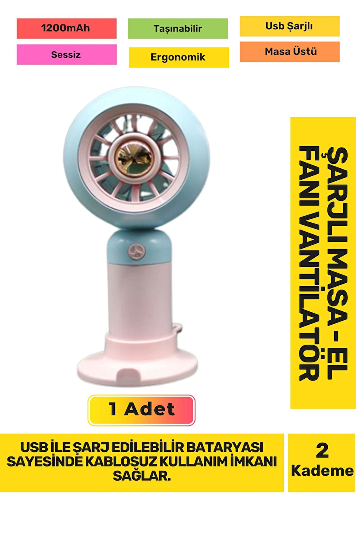 Ultra Sessiz 2 Kademeli Hafif Kablosuz 1200mAh Pervaneli Taşınabilir Usb Şarj Masa El Fan Vantilatör