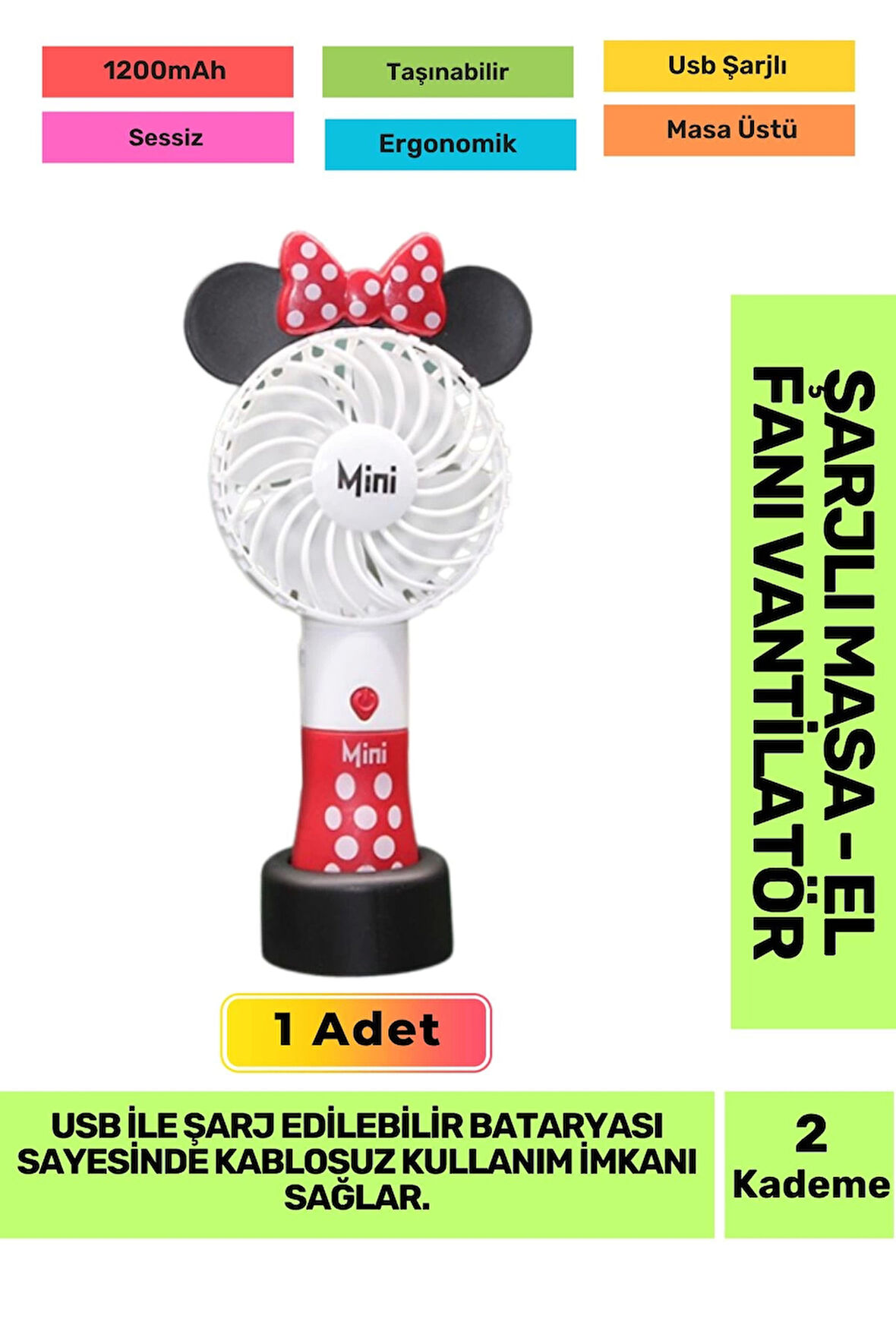 Ultra Sessiz 2 Kademeli Hafif Kablosuz 1200mAh Pervane Taşınabilir Usb Şarjlı Masa El Fan Vantilatör