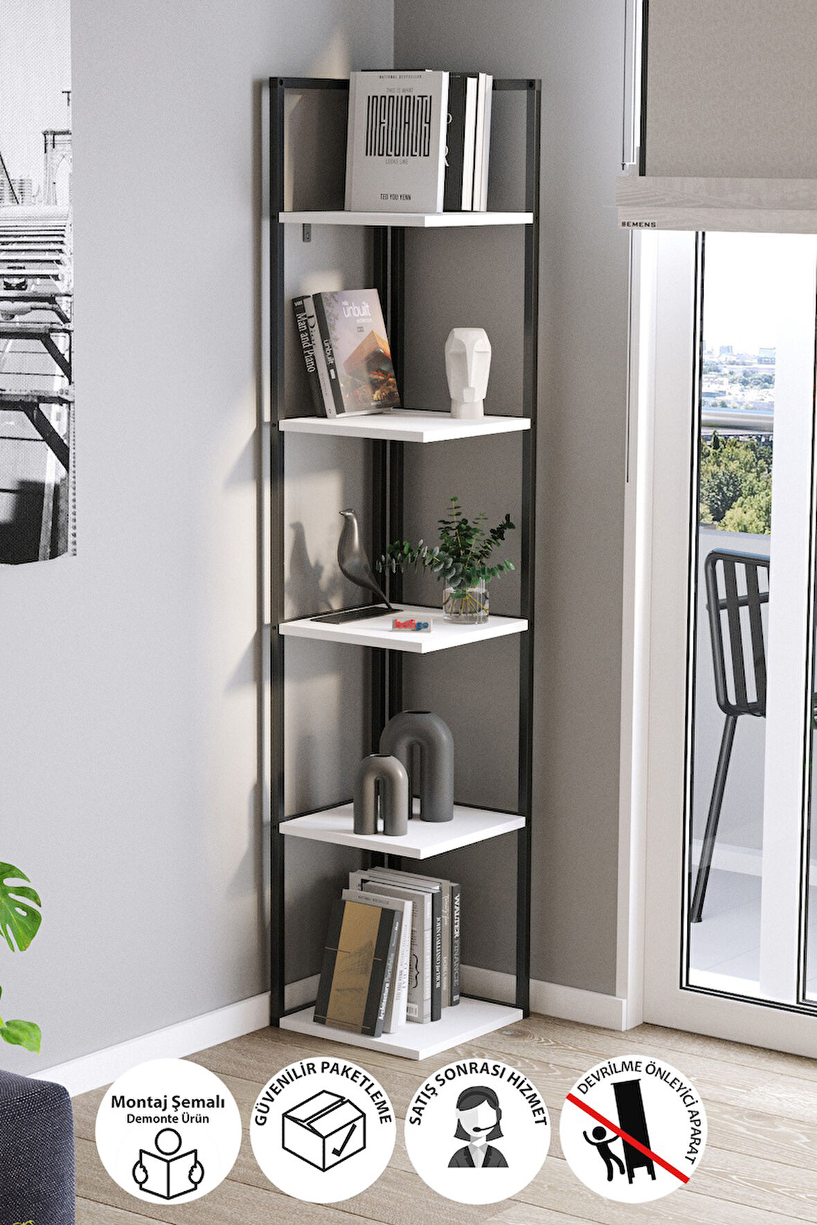 Bofigo 5 Raflı Metal Köşe Kitaplık Rafı Dekoratif Aksesuar Rafı Selanik 180 cm Beyaz 