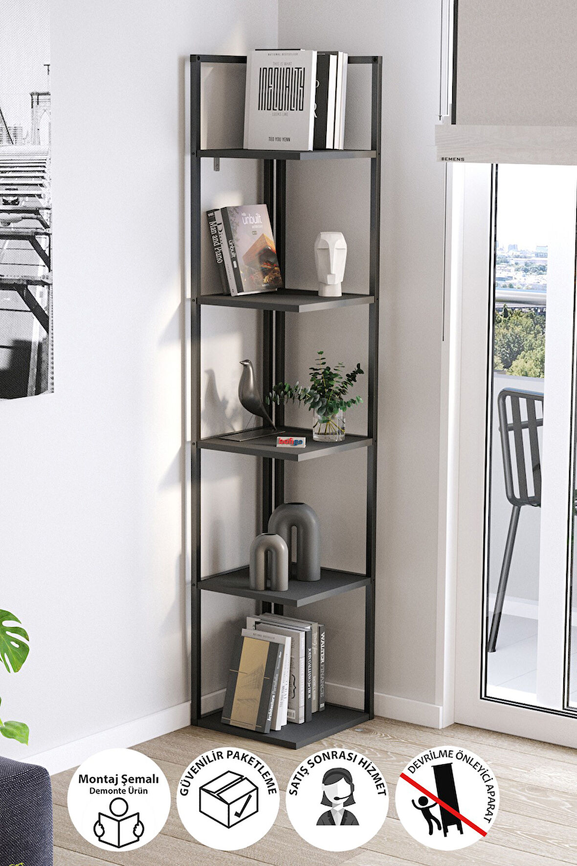 Bofigo 5 Raflı Metal Köşe Kitaplık Rafı Dekoratif Aksesuar Rafı Selanik 180 cm Antrasit