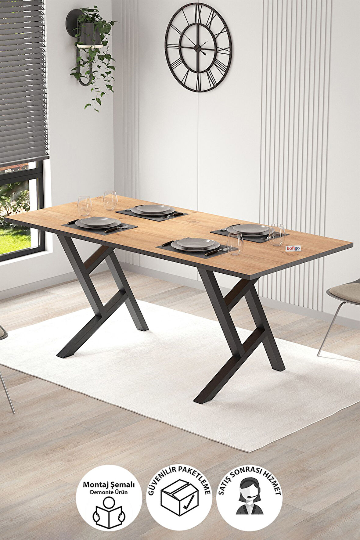 Bofigo Yemek Masası Metal Ayaklı Mutfak Masası 85 x 180 Cm Yıldız Ayaklı Çam