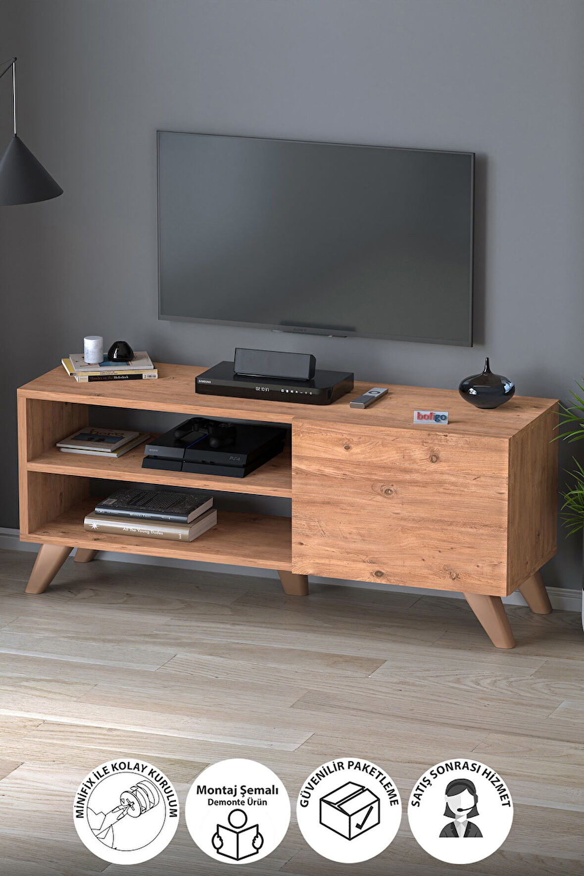 TV Sehpası Kapaklı Tv Sehpası Raflı TV Ünitesi Televizyon Sehpası 100 x 35 Cm Malta Çam