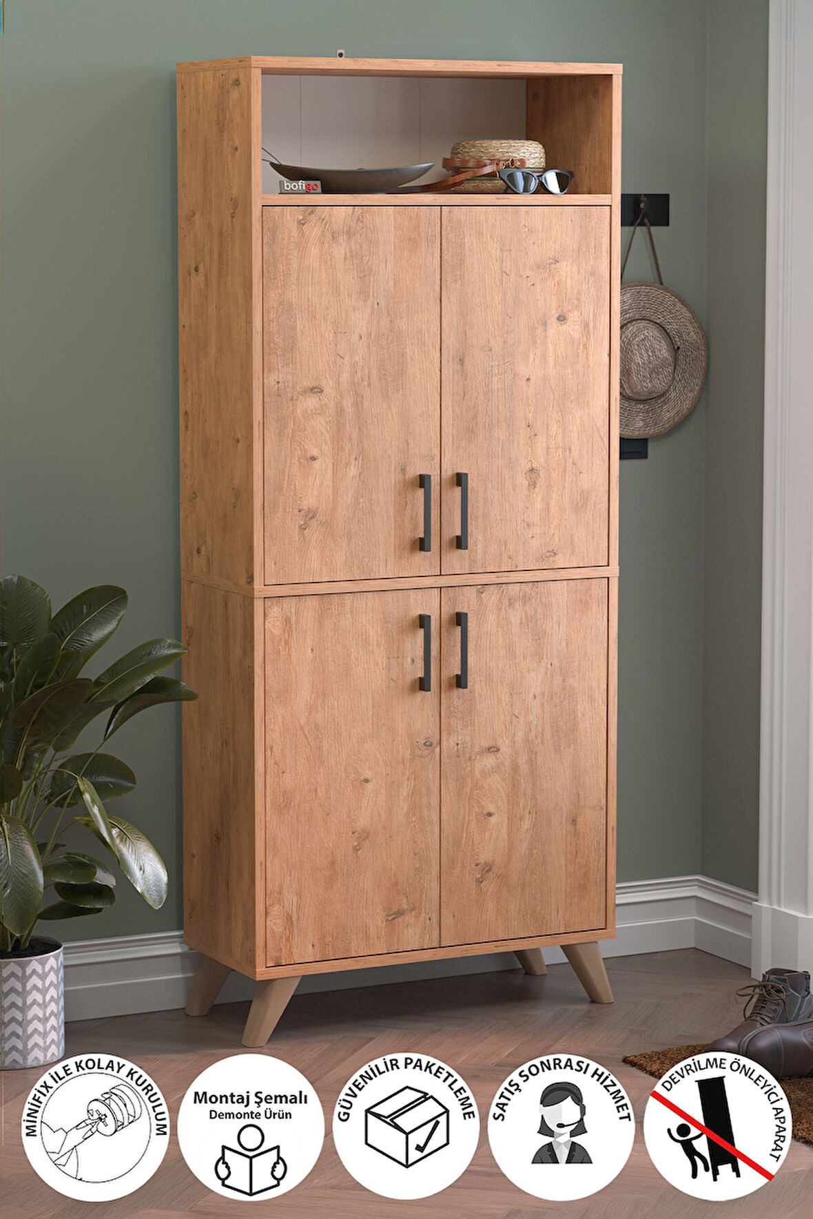 Bofigo 4 Kapaklı Ayakkabılık 9 Bölmeli Ayakkabılık Çok Amaçlı Dolap Beste Çam