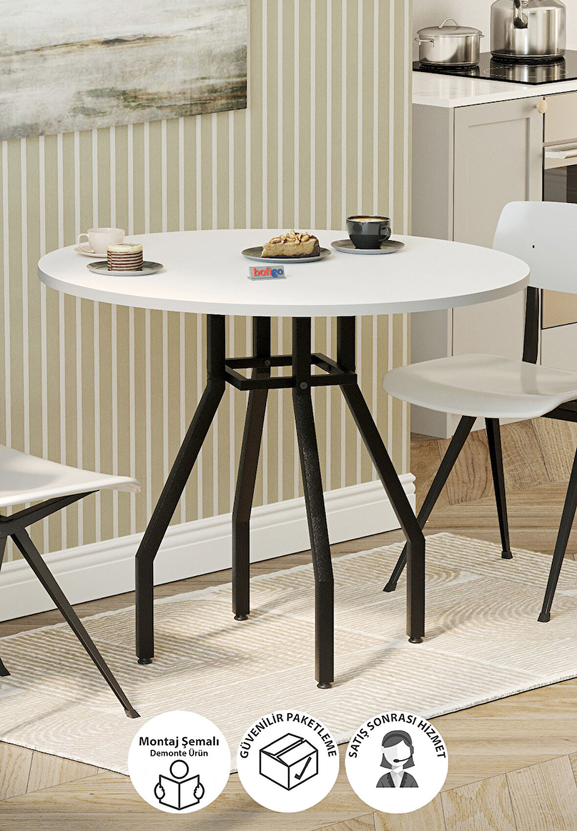 Bofigo Yuvarlak Yemek Masası 80 Cm Mutfak Masası Balkon Masası Roma Beyaz