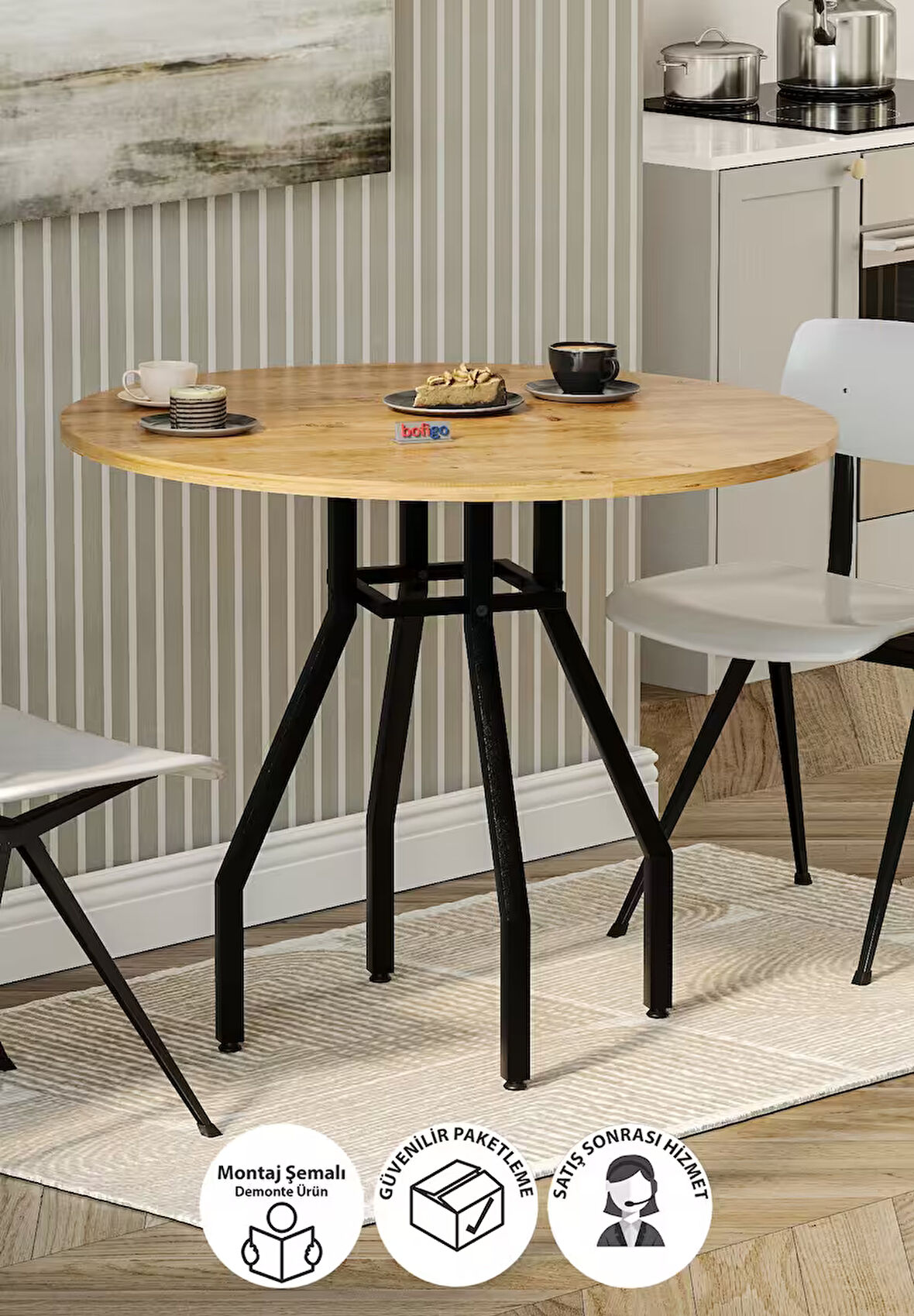 Bofigo Yuvarlak Yemek Masası 80 Cm Mutfak Masası Balkon Masası Roma Çam