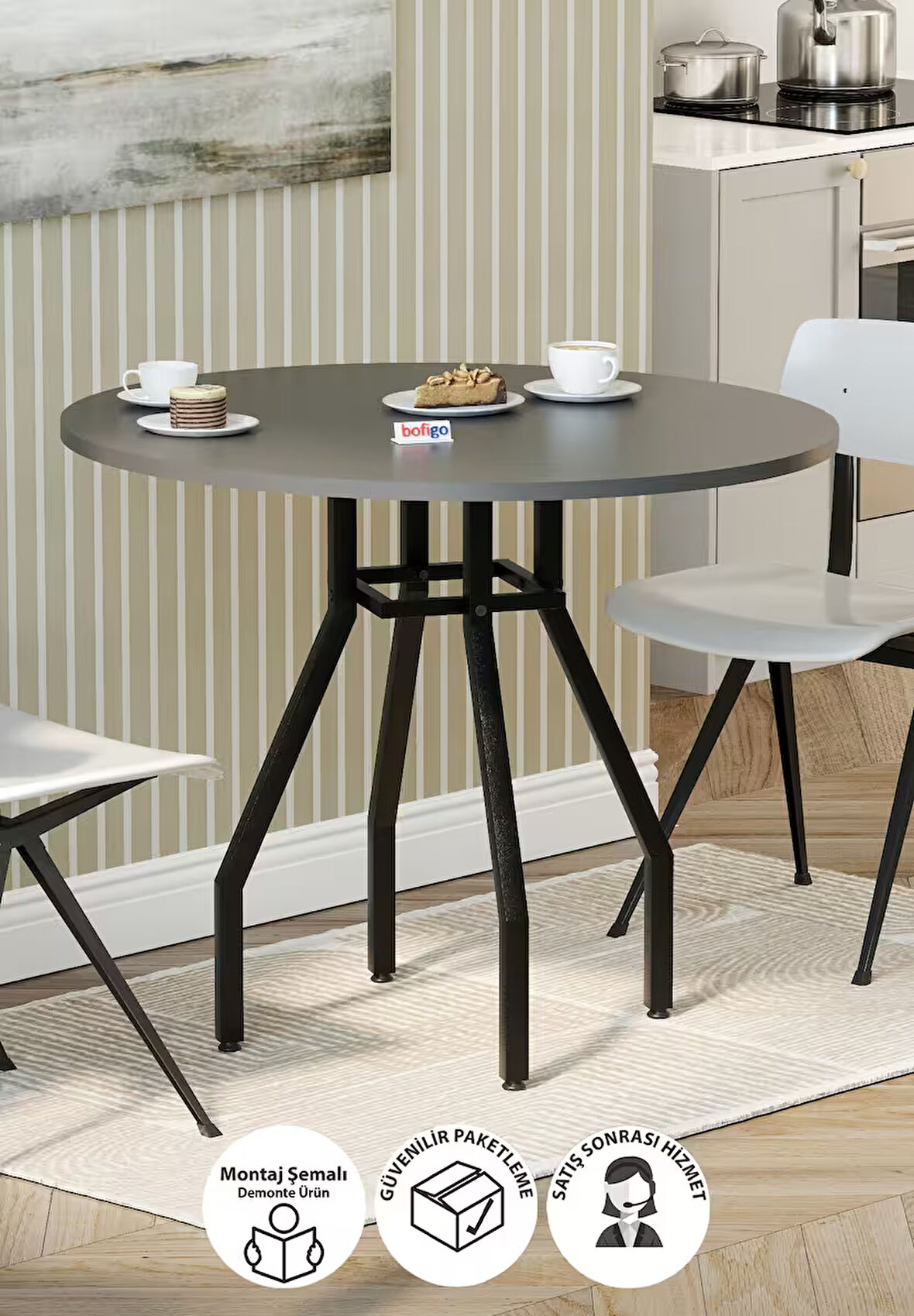 Bofigo Yuvarlak Yemek Masası 80 Cm Mutfak Masası Balkon Masası Roma Antrasit