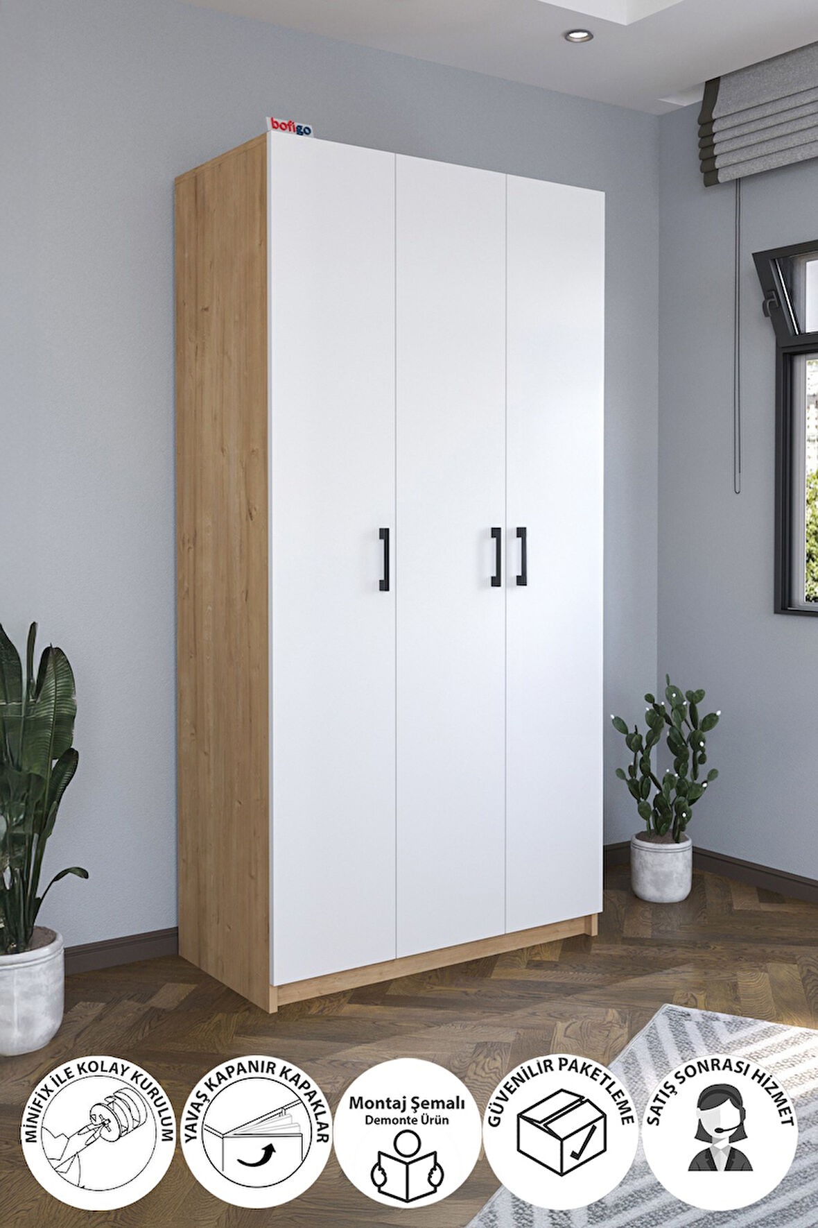 3 Kapaklı 8 Raflı Gardırop Elbise Dolabı 3 Kapaklı Gardırop Smyrna Safir Meşe Beyaz