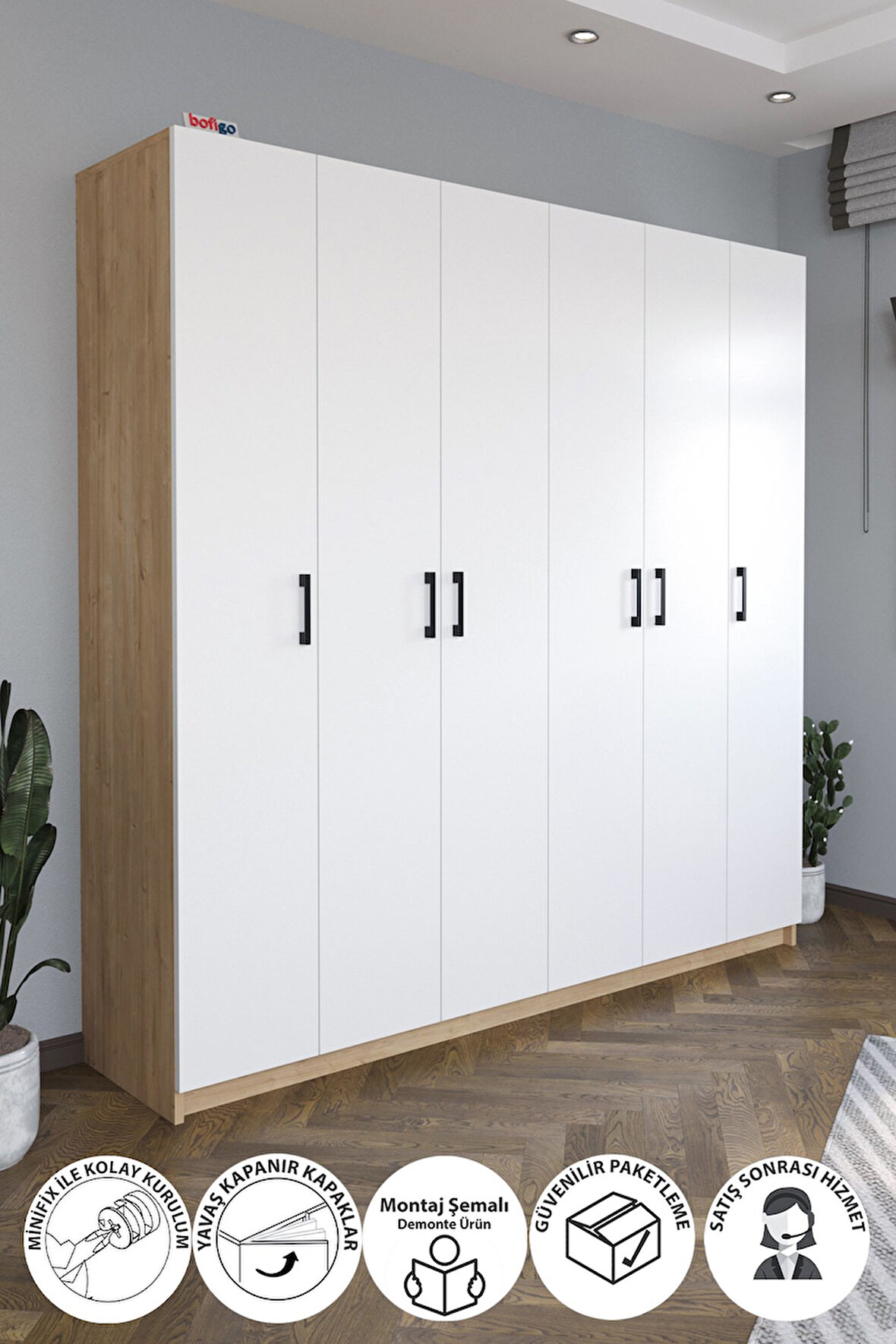 Bofigo 6 Kapaklı 16 Raflı Gardırop Elbise Dolabı 6 Kapaklı Gardırop Smyrna Safir Meşe Beyaz