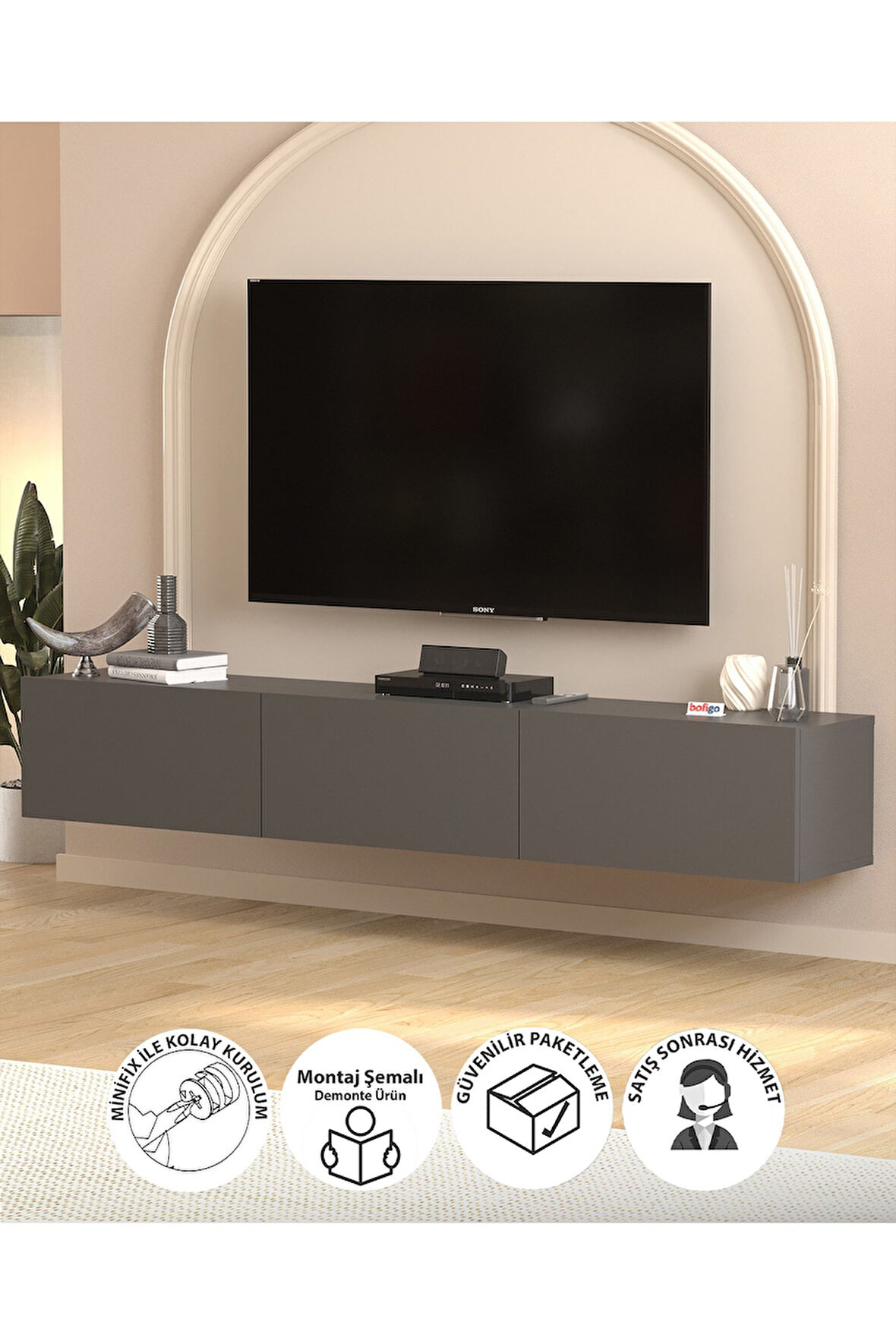 Bofigo TV Ünitesi TV Sehpası Düşer Kapaklı Tv Ünitesi Televizyon Sehpası 180 Cm Marvel Antrasit