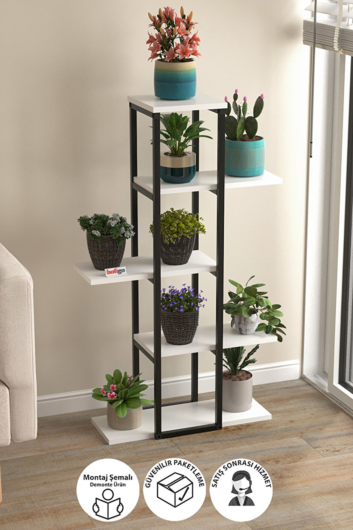 Bofigo 5 Raflı Çiçeklik Rafı Saksılık Standı Dekoratif Aksesuar Rafı Saksılık Papatya Beyaz