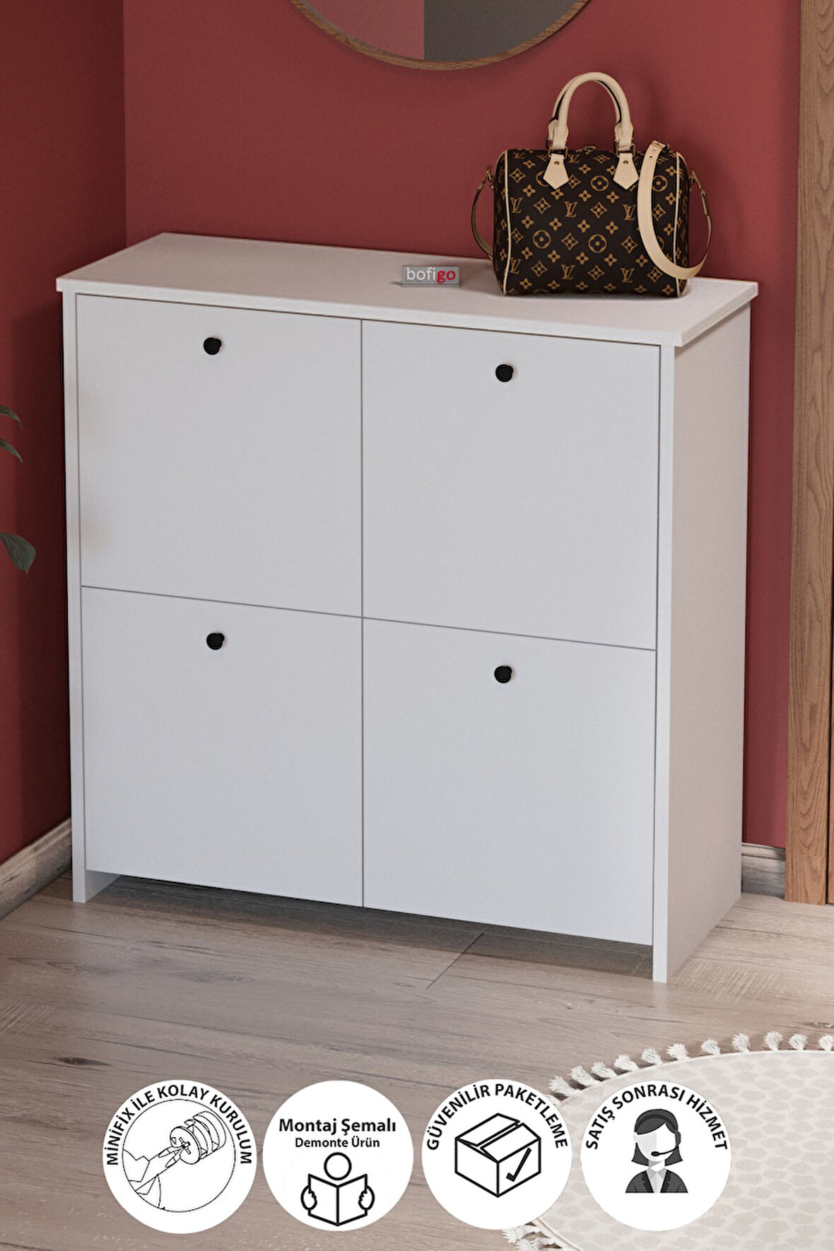 4 Kapaklı Ayakkabılık 4 Bölmeli Ayakkabılık Çok Amaçlı Dolap Tetra Beyaz