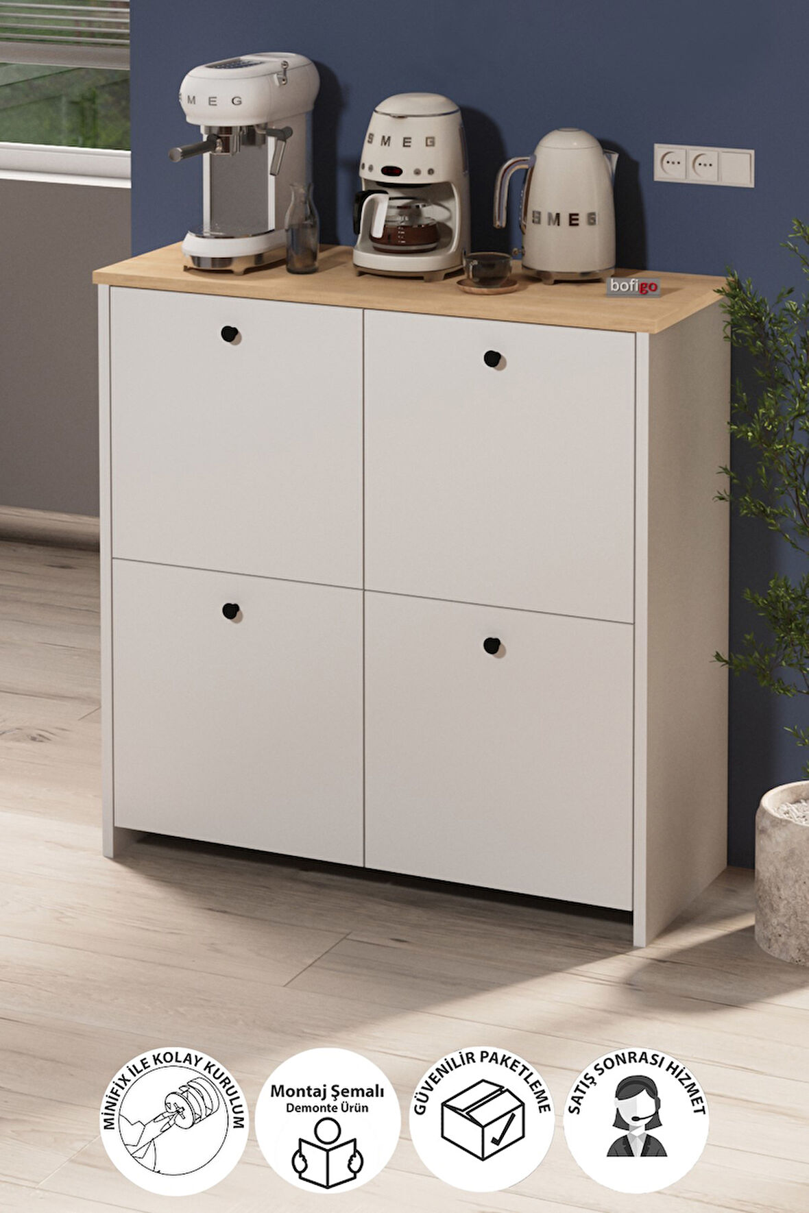 4 Kapaklı Dolap 4 Bölmeli Çok Amaçlı Dolap Mutfak Dolabı Banyo Dolabı Kiler Tetra Safir Meşe Beyaz