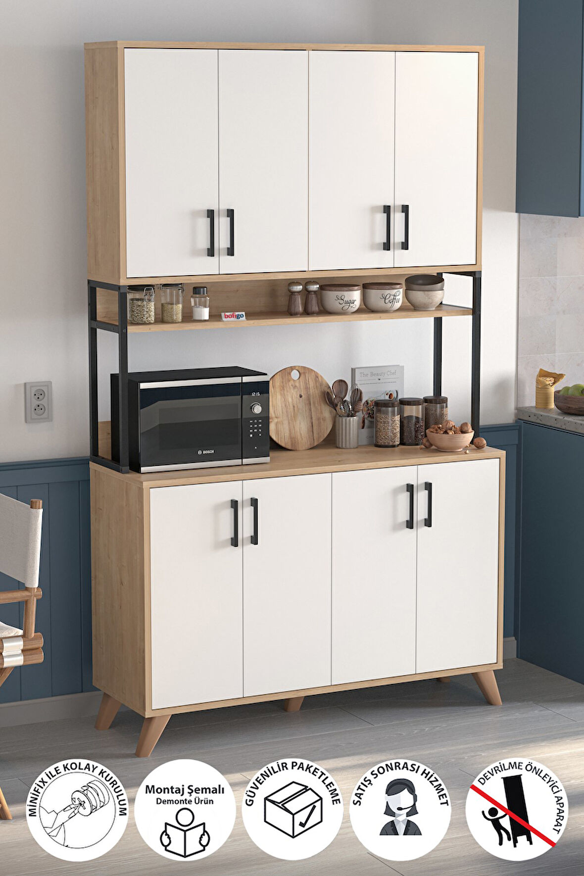 8 Kapaklı Çok Amaçlı Dolap Defne Mutfak Dolabı Erzak Dolabı Kiler Dolabı Safir Meşe Beyaz