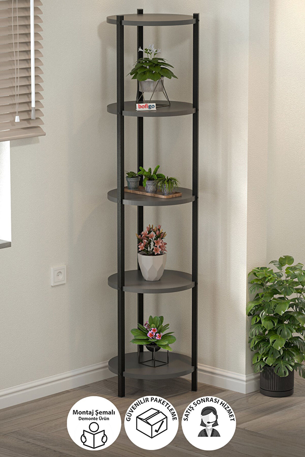 5 Raflı Çiçeklik Rafı Saksılık Standı Dekoratif Aksesuar Rafı Saksılık Lale Antrasit