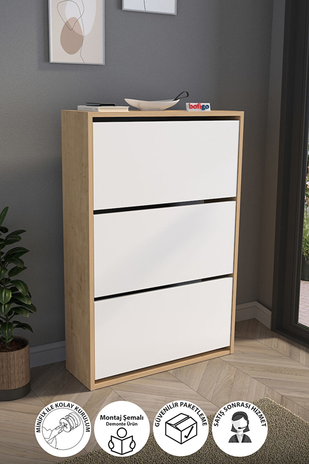 Düşer Kapak Ayakkabılık Kayar Raflı Ayakkabılık 3 Bölmeli Ayakkabılık Melek Safir Meşe Beyaz