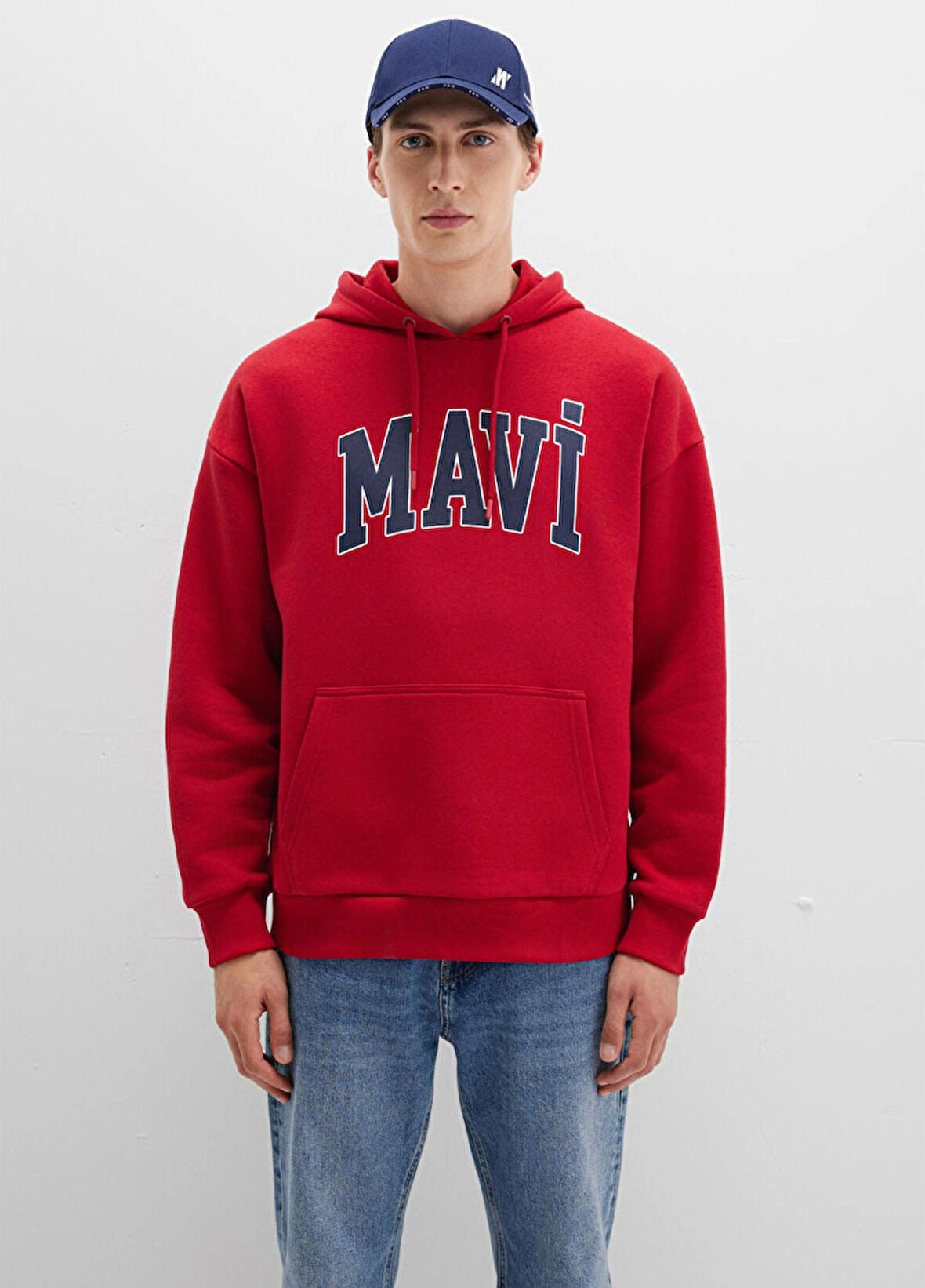 Mavi Kapüşon Yaka Koyu Kırmızı Erkek Sweatshırt DMK.M067149-70464_MAVİ BASKI SWEATSHIRT