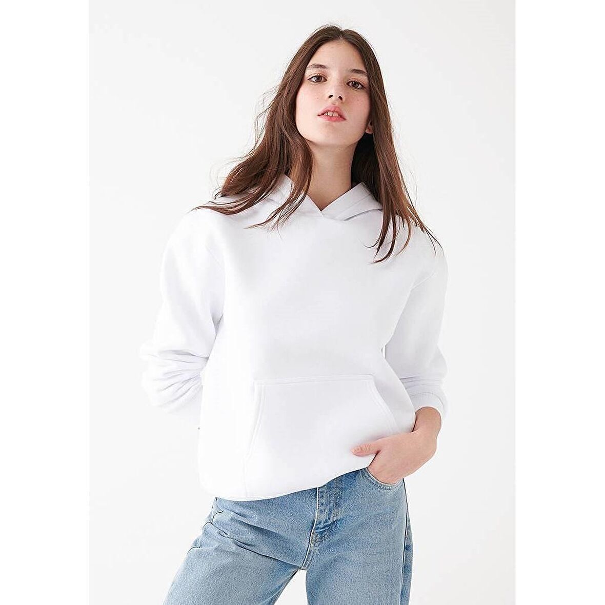 Mavi Kapüşonlu Beyaz Basic Sweatshirt 167299-70000