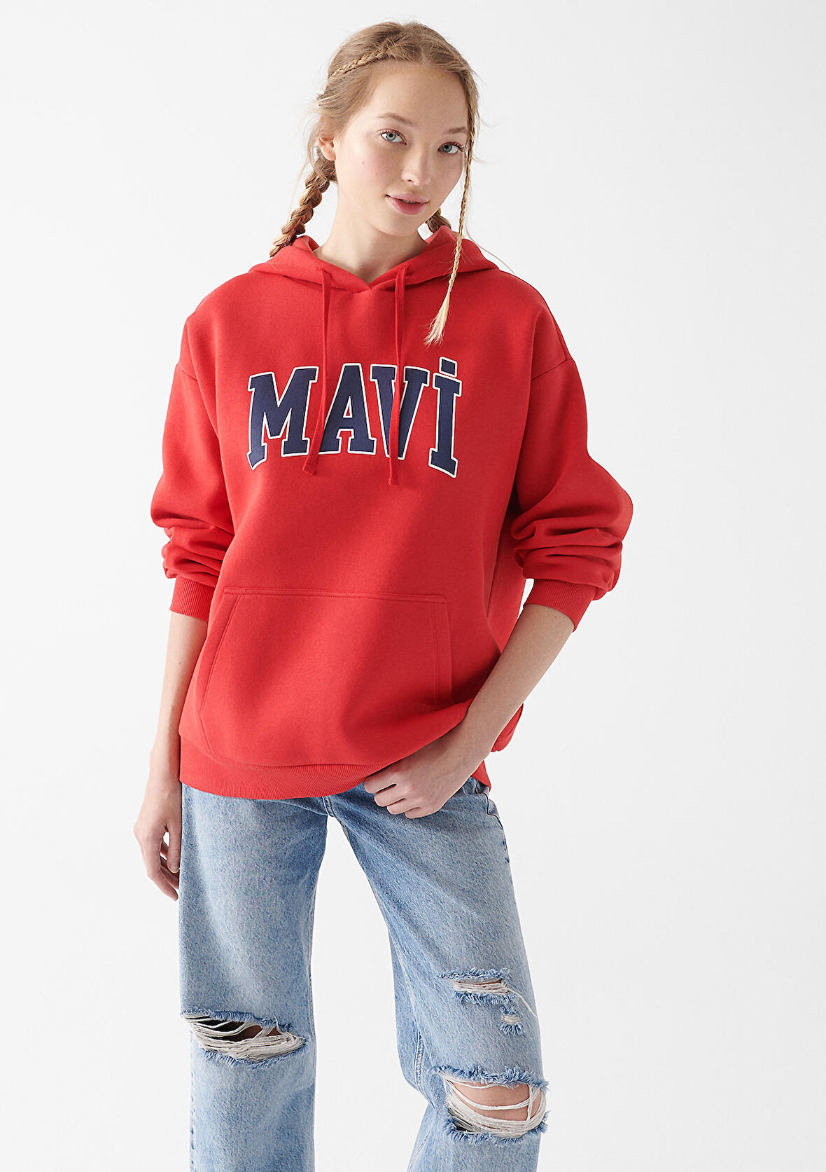 Mavi Logo Baskılı Kırmızı Kapüşonlu Sweatshirt 1600361-82054