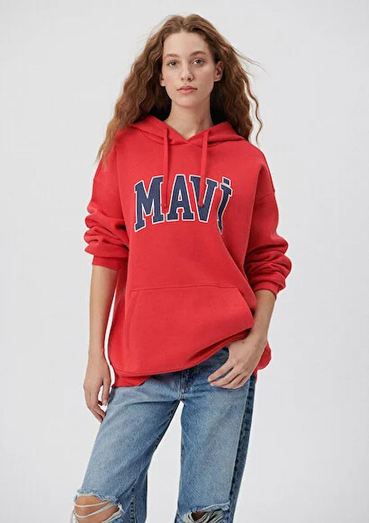 M1600361-82054 Mavi Mavi Logo Kapüşonlu  Kadın Sweat Acı Kırmızı