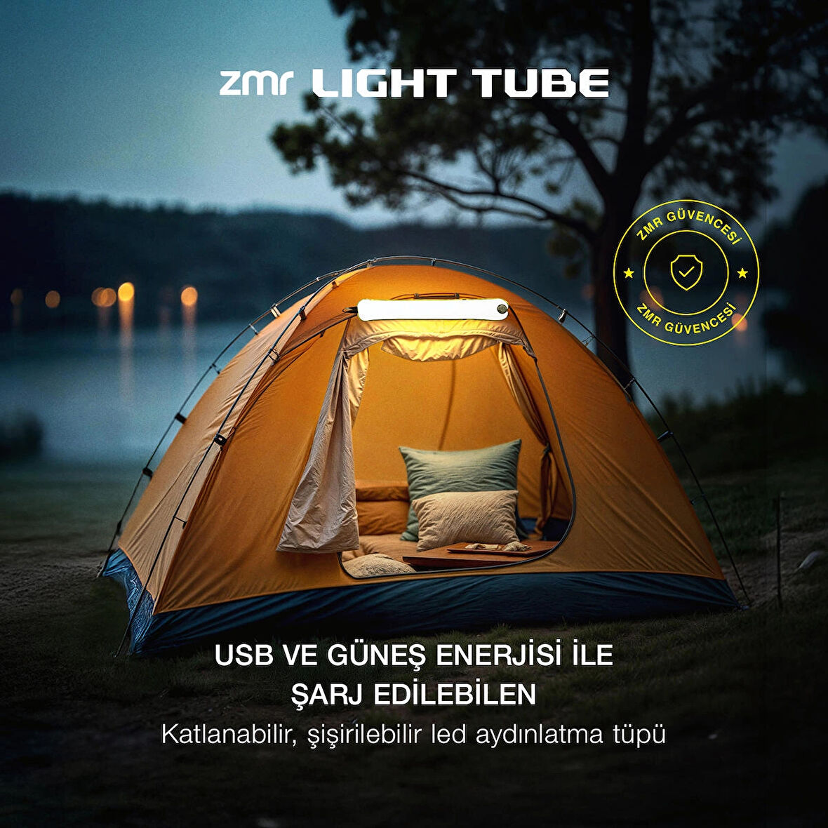 Taşınabilir Kamp Led Lambası, Solar Panelli Light Tube, İP66 Tüm Ortam Kullanımlarına Uygun
