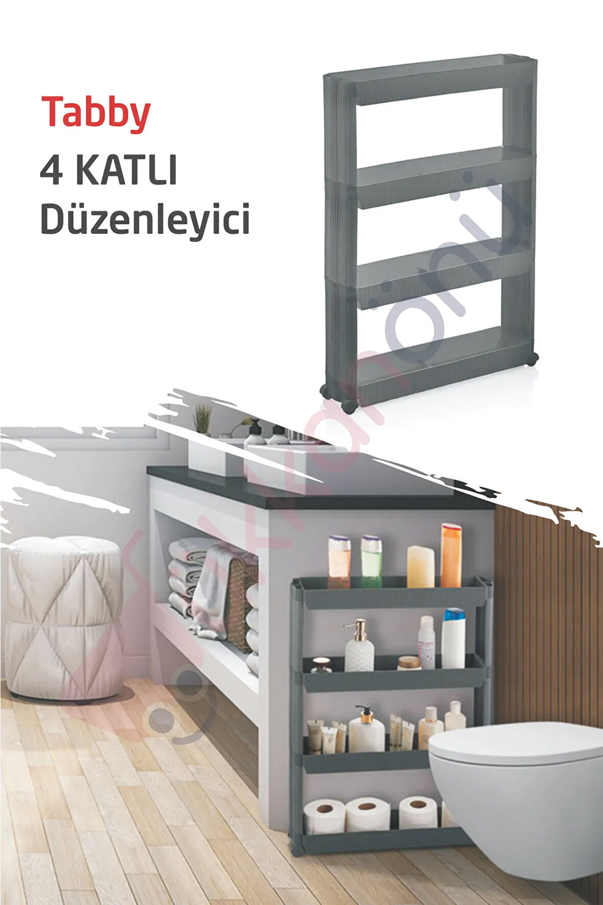 Tabby 4 Kat Raflı Tekerlekli Banyo Mutfak Eko Düzenleyici Organizer ( Antrasit )