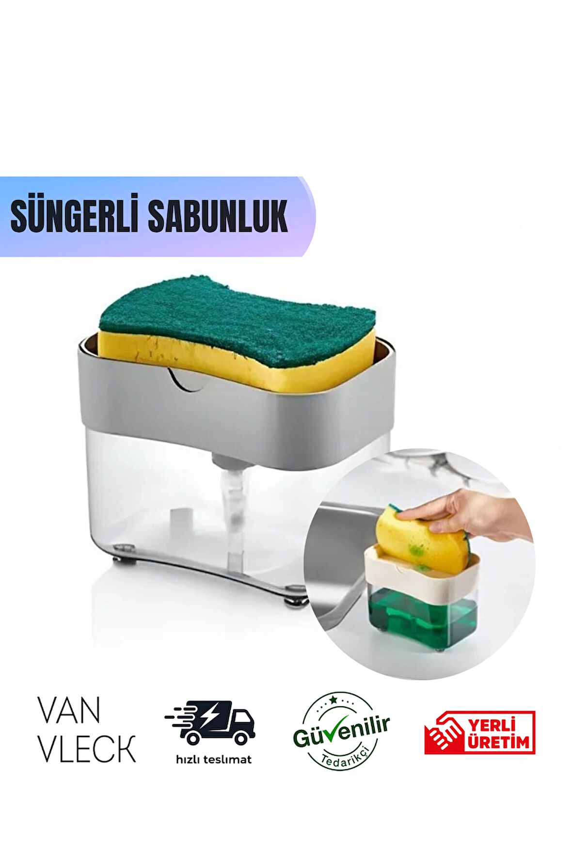 Pompalı Süngerli Deterjanlık – Çok Renkli Antrasit Sıvı Sabunluk, Pratik Mutfak Bulaşık Deterjanlığı