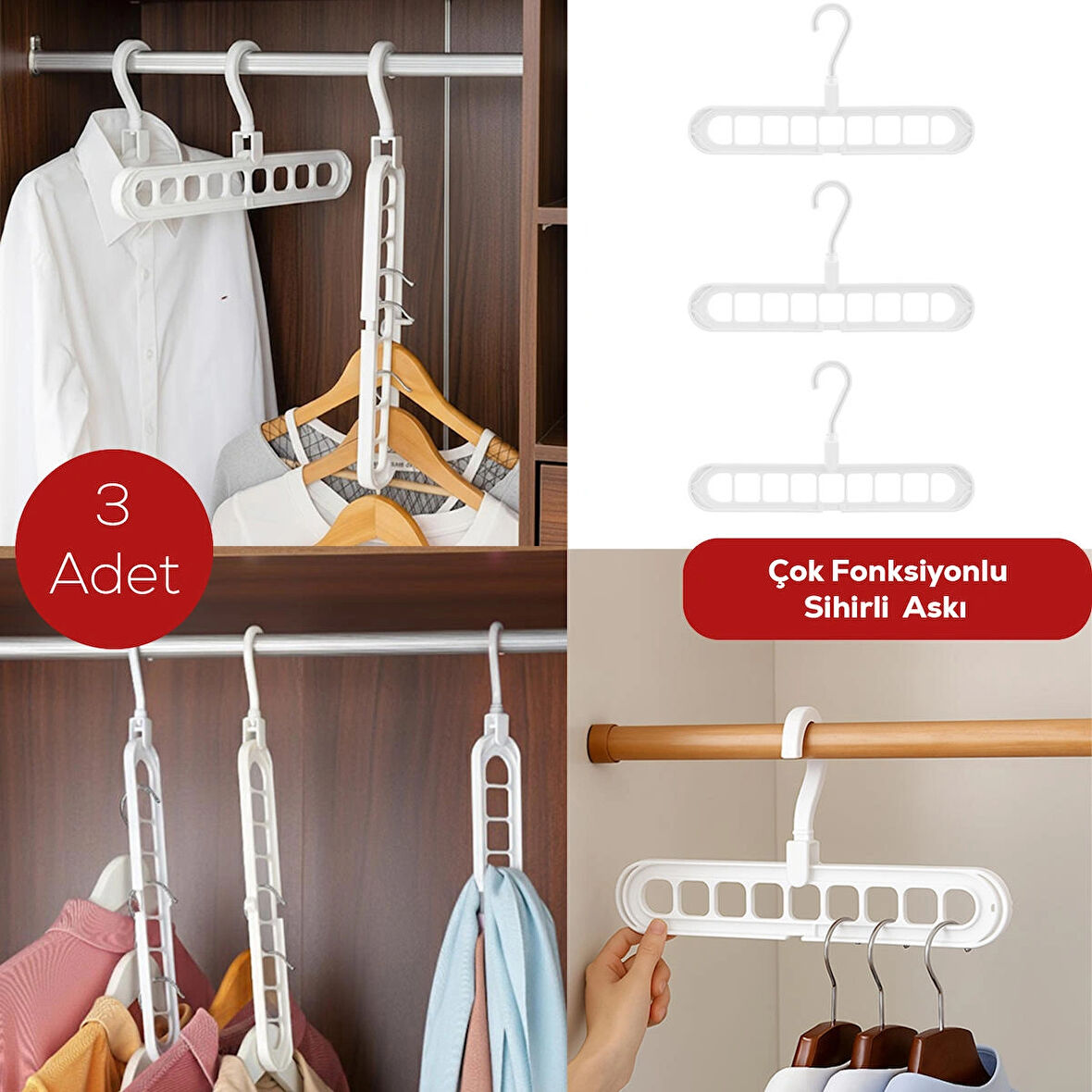 Porsima Org-250 3 Adet Çok Fonksiyonlu Dolap Içi Düzenleyici Organizer Sihirli Askı Tişört Gömlek Elbise Askısı