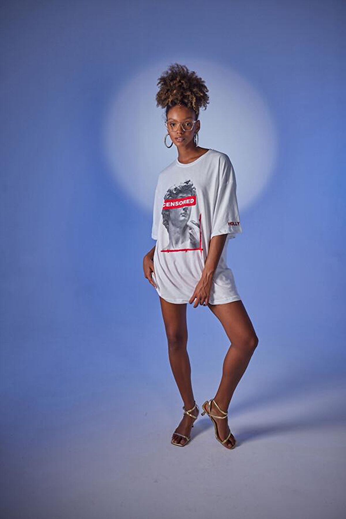 Kadın Beyaz Baskılı Oversize Bisiklet Yaka Censored T-Shirt