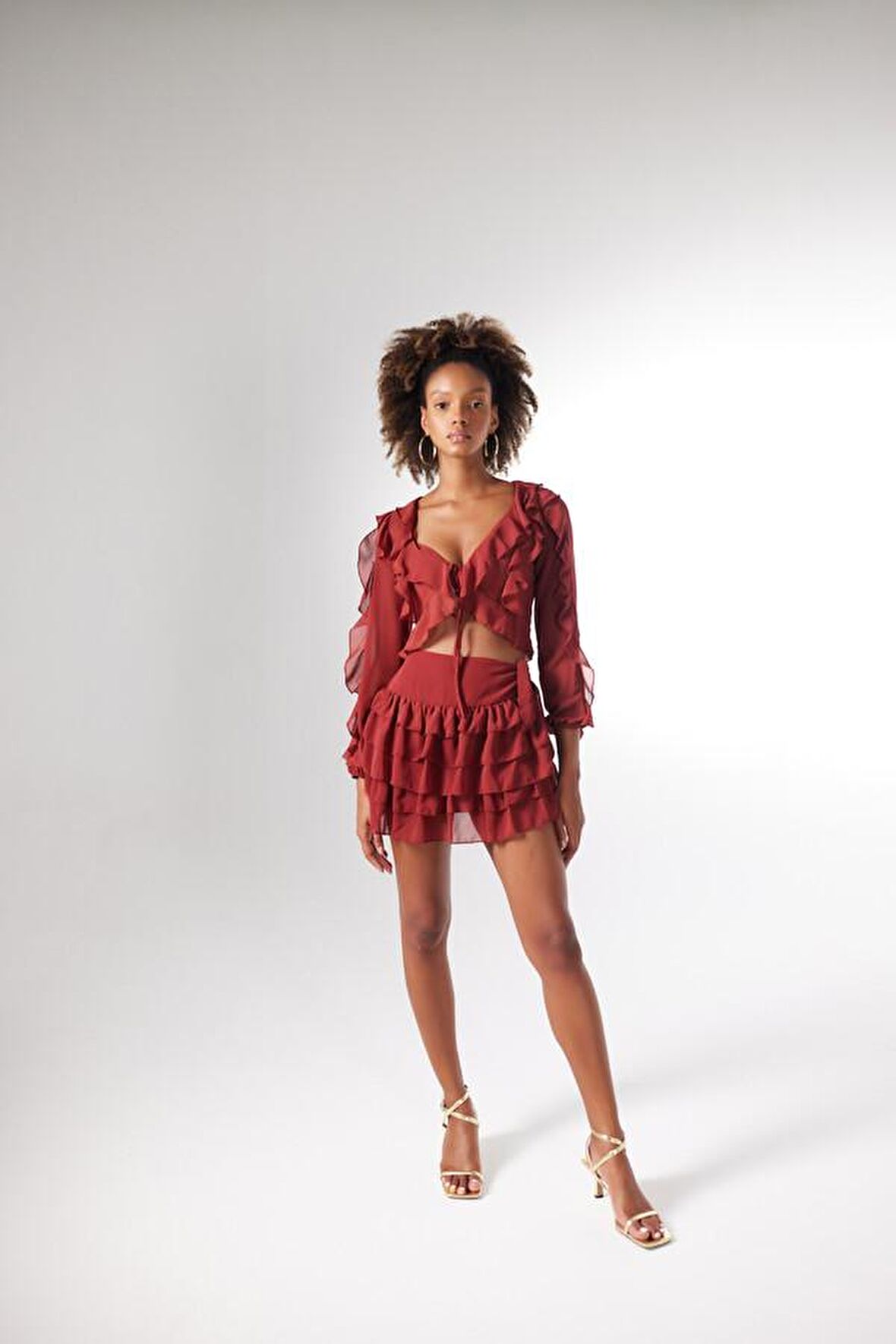 Bel Bağlamalı Volanlı Mini Elsa Etek Kahverengi