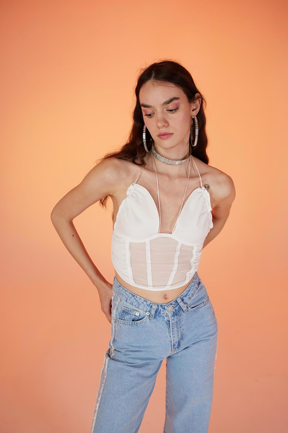 İp Bağlamalı Tül Sasha Bluz Beyaz