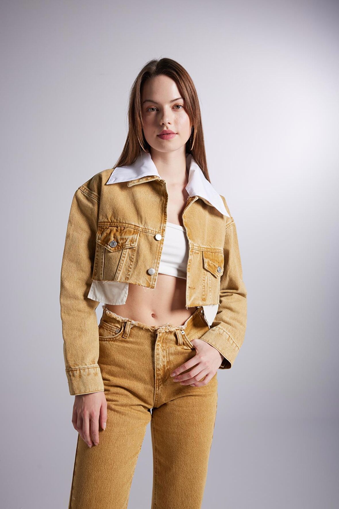 Mermer Desenli Çıkarılabilir Yaka Detaylı Crop Kesim Cepli Rusted Jean Ceket Camel
