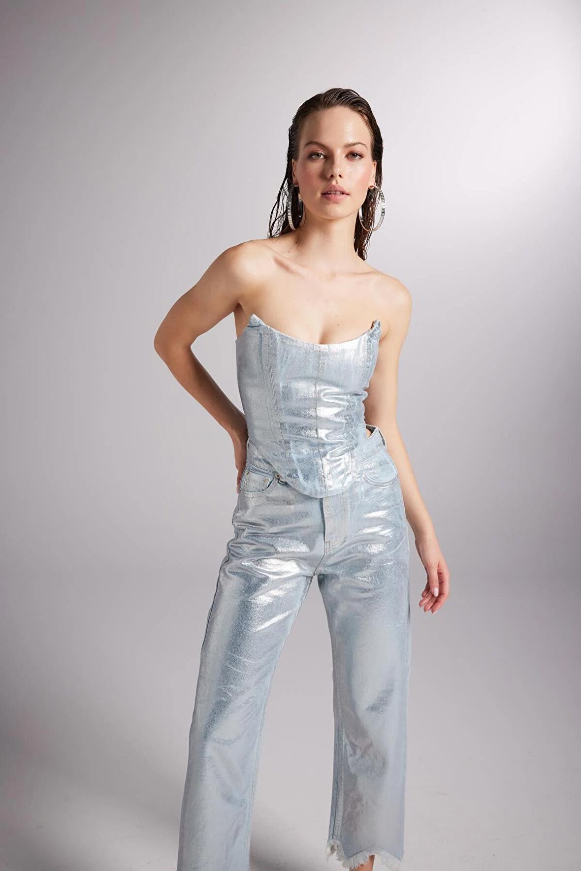 Parlak Kaplamalı Glossy Jean Büstiyer Mavi