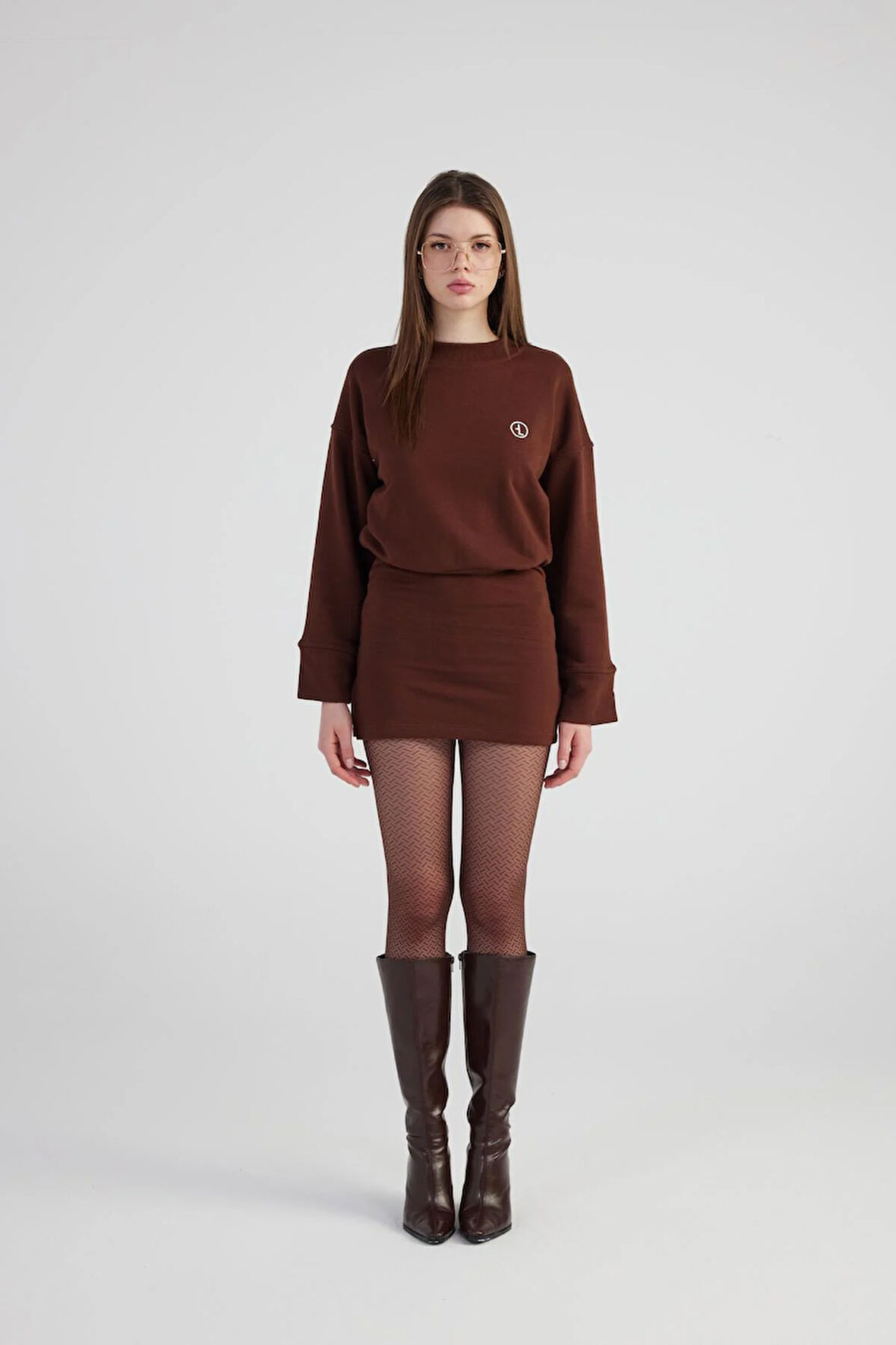 Yırtmaçlı Dokuma Kumaş Mini Claire Elbise Kahve