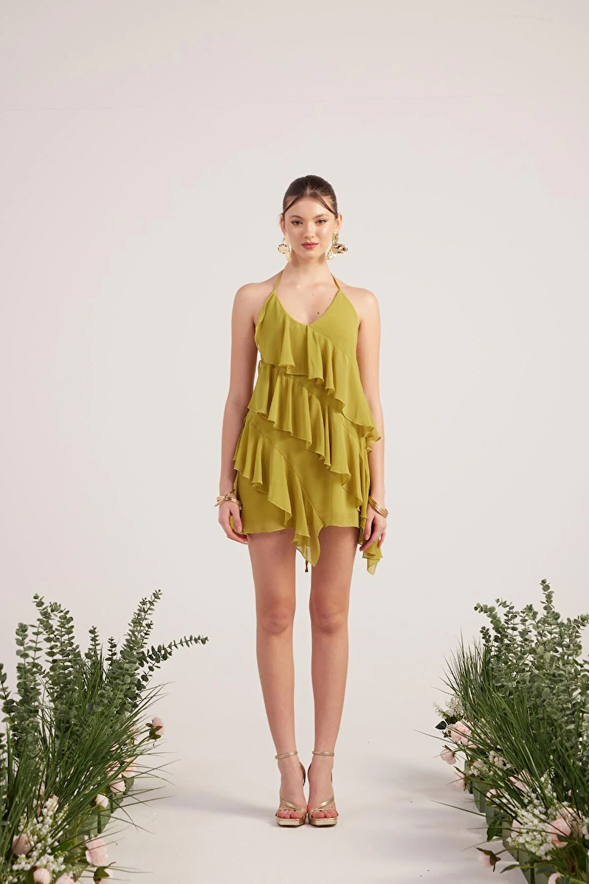 Fırfır Detaylı Şifon Kumaş Mini Ulya Elbise Yeşil