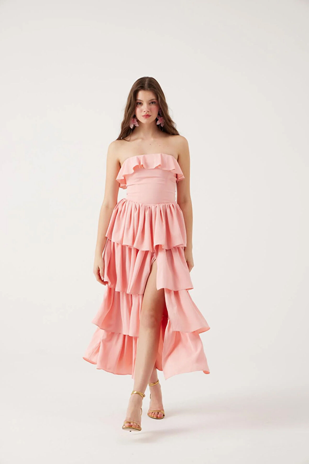 Straplez Fırfırlı Uzun Gracie Elbise Pembe