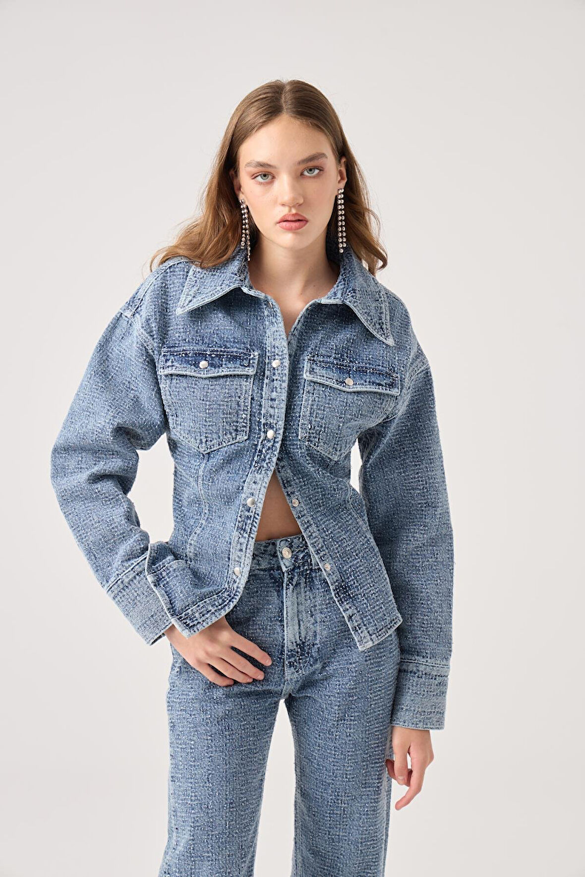 Özel Kumaş Efektli Belden Oturmalı Laura Jean Ceket Mavi