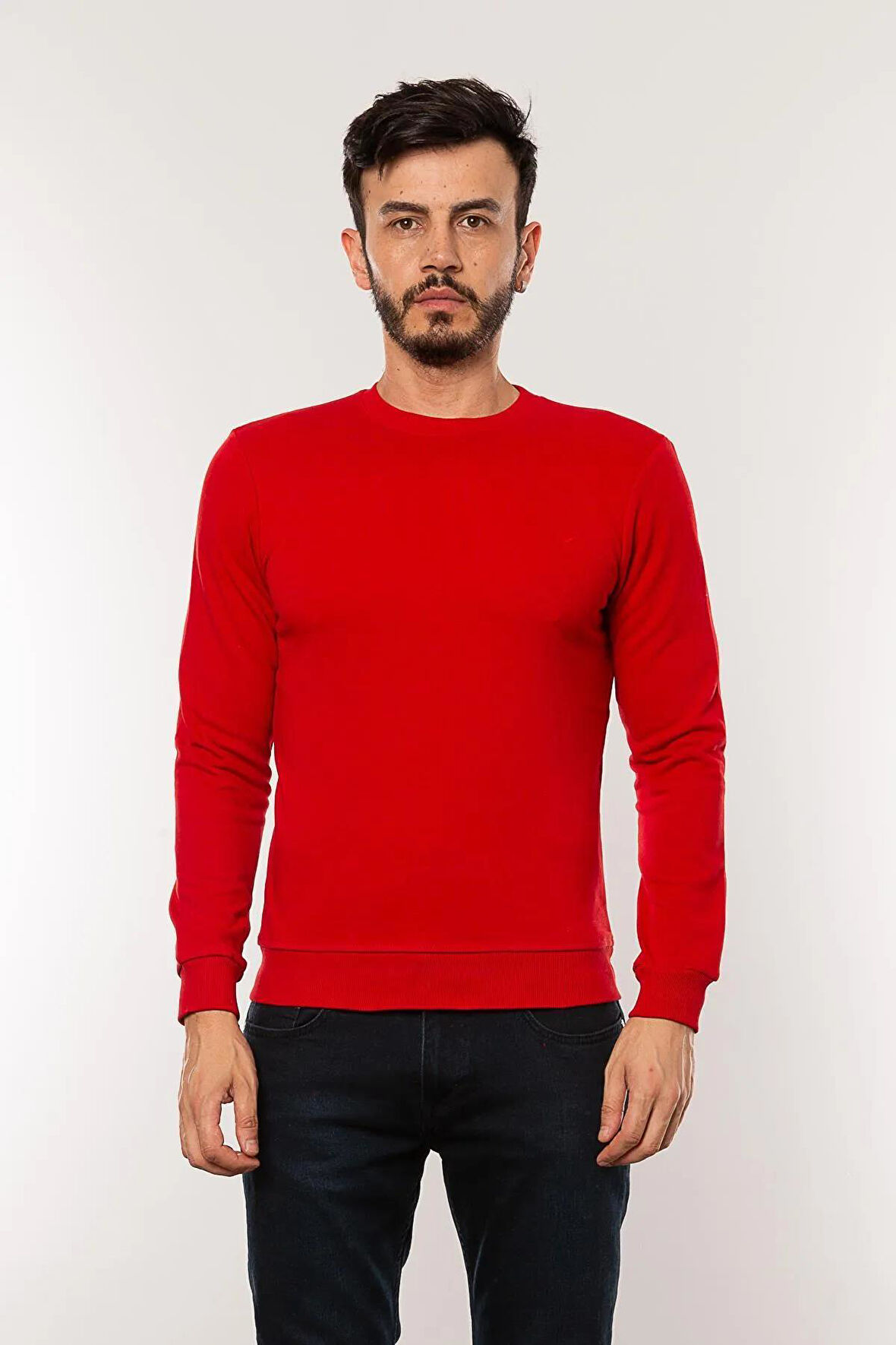 Cazador Caz 5610 Bisiklet Yaka 3 İplik Şardonsuz Erkek Kırmızı Basic Sweat