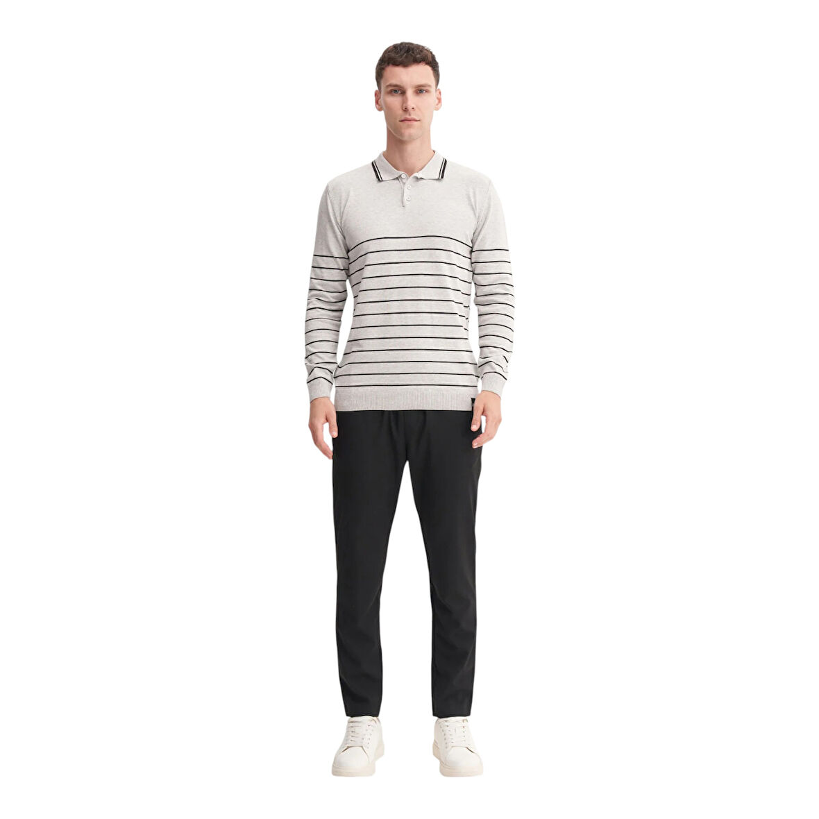 Slim Fit Viskon Dokulu Basic Çizgi Detaylı Polo Yaka Kazak-33020