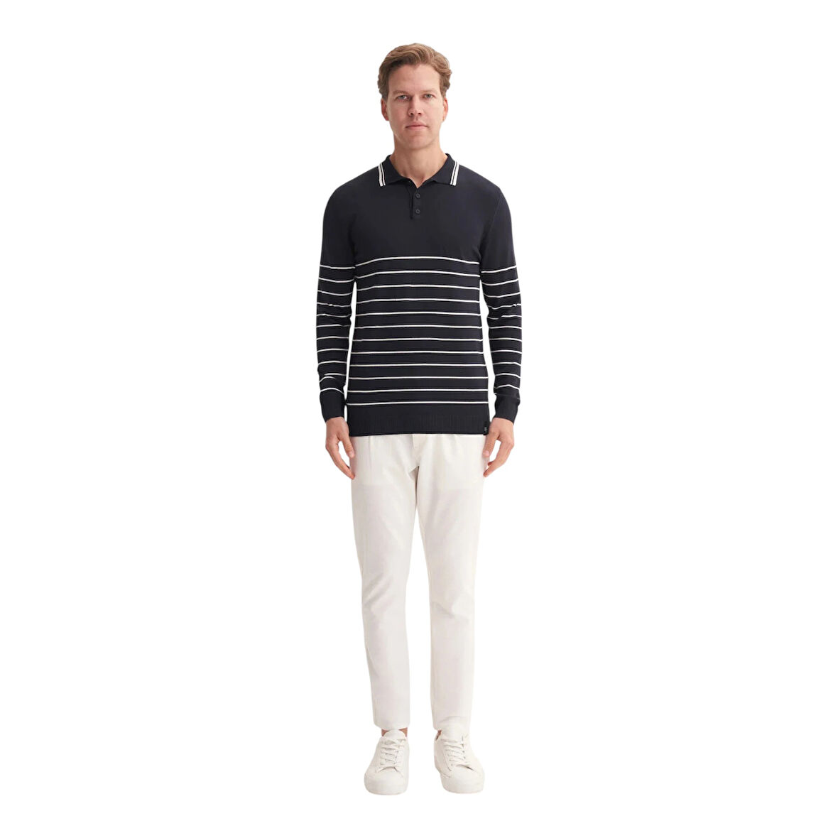 Slim Fit Viskon Dokulu Basic Çizgi Detaylı Polo Yaka Kazak-33020